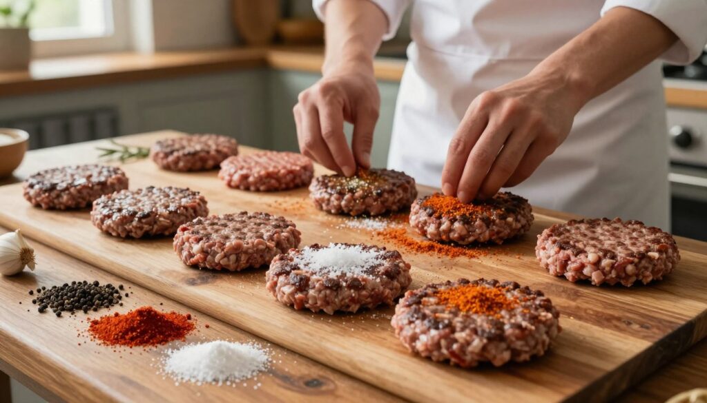 An array of raw burger patties laid out on a rustic wooden kitchen table, showcasing various mistakes in seasoning: some overly salted, others lacking color, and a few with uneven spice distribution. In the foreground, vibrant spices and herbs like paprika, black pepper, and garlic powder are scattered, hinting at the common errors. The middle ground features a chef's hands preparing the patties, wearing a clean apron, demonstrating the act of seasoning with care. The background shows a cozy kitchen environment bathed in warm, natural light streaming through a window, creating an inviting atmosphere. The overall mood conveys a sense of culinary learning and improvement, with an emphasis on the importance of proper seasoning. An array of raw burger patties laid out on a rustic wooden kitchen table, showcasing various mistakes in seasoning: some overly salted, others lacking color, and a few with uneven spice distribution. In the foreground, vibrant spices and herbs like paprika, black pepper, and garlic powder are scattered, hinting at the common errors. The middle ground features a chef's hands preparing the patties, wearing a clean apron, demonstrating the act of seasoning with care. The background shows a cozy kitchen environment bathed in warm, natural light streaming through a window, creating an inviting atmosphere. The overall mood conveys a sense of culinary learning and improvement, with an emphasis on the importance of proper seasoning.