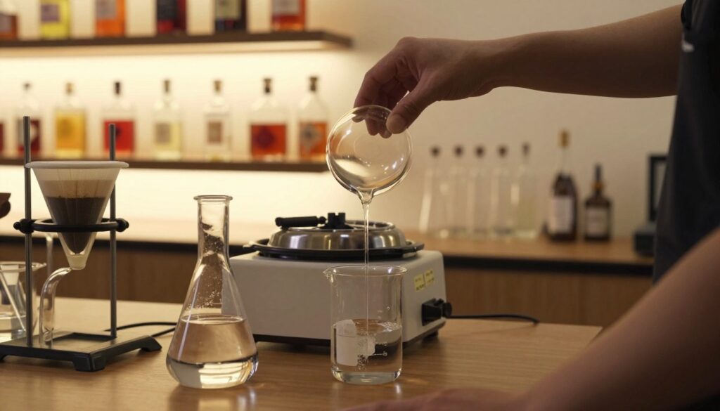 An elegant laboratory setting focused on advanced techniques for clarifying homemade liqueurs. In the foreground, a glass flask and beaker filled with clear liquid showcase the filtration process, surrounded by various filtration tools such as coffee filters, charcoal, and a siphon. The middle section features a skilled hand gently pouring the liquid into a centrifuge, emphasizing precision. In the background, soft ambient lighting creates a warm atmosphere, illuminating shelves lined with glass containers of various colored liqueurs, highlighting their clarity. The scene captures a sense of sophistication and expertise, inviting viewers to explore the art of crafting transparent spirits. The composition should have a warm color palette, balanced lighting, and a shallow depth of field to emphasize the foreground details. An elegant laboratory setting focused on advanced techniques for clarifying homemade liqueurs. In the foreground, a glass flask and beaker filled with clear liquid showcase the filtration process, surrounded by various filtration tools such as coffee filters, charcoal, and a siphon. The middle section features a skilled hand gently pouring the liquid into a centrifuge, emphasizing precision. In the background, soft ambient lighting creates a warm atmosphere, illuminating shelves lined with glass containers of various colored liqueurs, highlighting their clarity. The scene captures a sense of sophistication and expertise, inviting viewers to explore the art of crafting transparent spirits. The composition should have a warm color palette, balanced lighting, and a shallow depth of field to emphasize the foreground details.