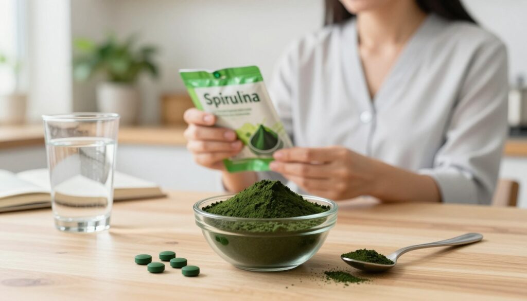 An image illustrating the safety of spirulina usage, featuring a serene kitchen setting. In the foreground, a wooden table displays a vibrant bowl of spirulina powder, with a spoon resting beside it. Fresh, green spirulina tablets lie next to a glass of water, emphasizing their accessibility. In the middle ground, a knowledgeable woman in professional attire is carefully examining the spirulina packaging, symbolizing informed usage. The background showcases health-related items, such as a plant and a cookbook, creating a nurturing atmosphere. Soft, natural lighting floods the space, highlighting the natural colors of the spirulina and creating an inviting, warm mood. The overall composition suggests trust and safety in using spirulina as a supplement. An image illustrating the safety of spirulina usage, featuring a serene kitchen setting. In the foreground, a wooden table displays a vibrant bowl of spirulina powder, with a spoon resting beside it. Fresh, green spirulina tablets lie next to a glass of water, emphasizing their accessibility. In the middle ground, a knowledgeable woman in professional attire is carefully examining the spirulina packaging, symbolizing informed usage. The background showcases health-related items, such as a plant and a cookbook, creating a nurturing atmosphere. Soft, natural lighting floods the space, highlighting the natural colors of the spirulina and creating an inviting, warm mood. The overall composition suggests trust and safety in using spirulina as a supplement.