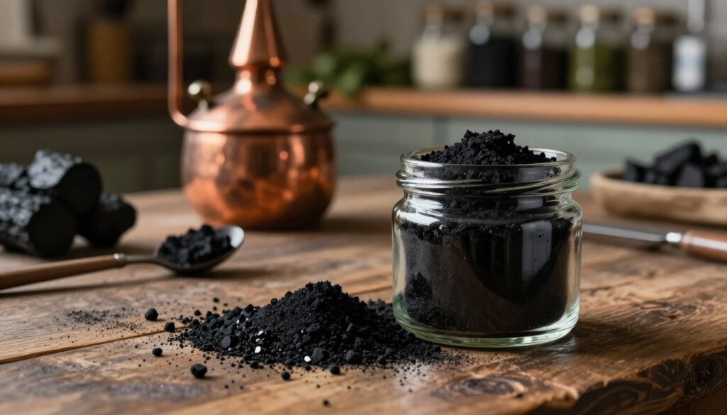 Black granules of activated charcoal spread across a wooden table, glistening under soft, warm lighting that creates a cozy and inviting atmosphere. In the foreground, a small glass jar filled with activated charcoal is prominently displayed, capturing light as it reflects off the smooth surface. In the middle ground, tools for distilling spirits such as a copper pot still are subtly placed, hinting at the process of removing unwanted odors. The background features blurred elements of a rustic kitchen, with shelves lined with jars and herbs, creating a rich, earthy environment that conveys a sense of traditional craftsmanship. The overall mood is domestic and resourceful, illustrating the effectiveness of activated charcoal in purifying spirits. Black granules of activated charcoal spread across a wooden table, glistening under soft, warm lighting that creates a cozy and inviting atmosphere. In the foreground, a small glass jar filled with activated charcoal is prominently displayed, capturing light as it reflects off the smooth surface. In the middle ground, tools for distilling spirits such as a copper pot still are subtly placed, hinting at the process of removing unwanted odors. The background features blurred elements of a rustic kitchen, with shelves lined with jars and herbs, creating a rich, earthy environment that conveys a sense of traditional craftsmanship. The overall mood is domestic and resourceful, illustrating the effectiveness of activated charcoal in purifying spirits.