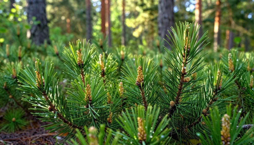 Fresh green pine shoots, vibrant and dewy, prominently displayed in the foreground against a blurred backdrop of a lush forest. The young needles glimmer with morning sunlight, showcasing their soft texture and vivid colors. In the middle ground, delicate clusters of pine cones are nestled among the shoots, enhancing the natural theme. A hint of earthy soil is visible at the base, grounding the composition. The background features towering pine trees, their trunks dappled with light filtering through the foliage, creating a serene atmosphere. The scene should be bright and inviting, evoking a sense of freshness and woodland aroma. Use a macro lens perspective to capture the intricate details of the pine shoots, with gentle, diffused lighting to emphasize the natural beauty.
