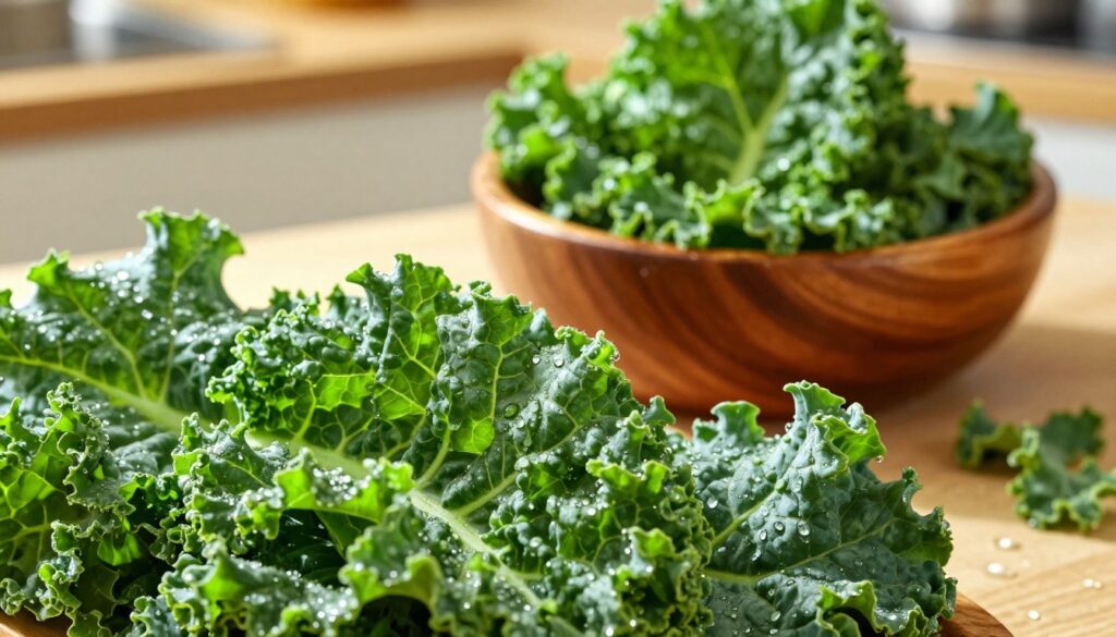 Lush green kale leaves, glistening with morning dew, take center stage in the foreground, showcasing their textured, crinkled surfaces. The leaves vary in shades from deep emerald to bright, fresh green, emphasizing their vitality. In the middle ground, a rustic wooden bowl holds freshly harvested kale, surrounded by a scattering of tiny droplets of water that reflect soft, natural light. The background features a blurred kitchen setting bathed in warm sunlight, enhancing the cozy, inviting atmosphere. The overall mood is fresh and vibrant, conveying the idea of healthy eating and the importance of preserving the quality of kale. The image is captured at a slight overhead angle, highlighting the kale’s details while inviting the viewer to appreciate its freshness.