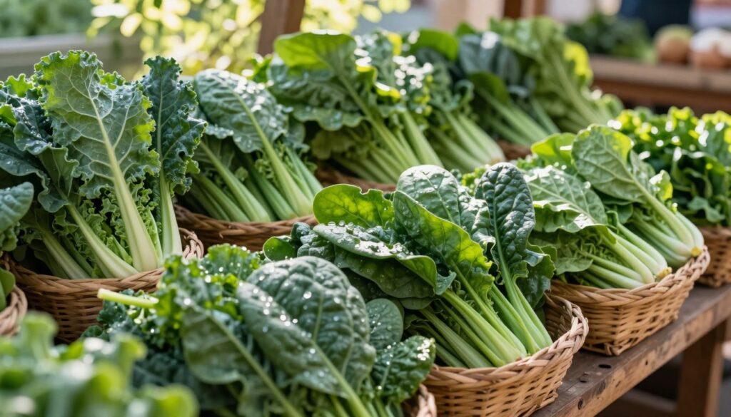 Lush green leafy vegetables such as kale, spinach, and Swiss chard thriving in a vibrant market setting. In the foreground, close-up views of the rich green textures, droplets of water reflecting sunlight on the leaves. The middle ground showcases baskets filled with these vegetables, highlighting their freshness and vibrant hues. The background features a rustic wooden stand, softly illuminated by natural sunlight filtering through leafy trees, creating a warm and inviting atmosphere. The scene evokes a sense of abundance and health, emphasizing the essential role of leafy greens in a low-carb diet. The perspective is slightly elevated, capturing the details while inviting viewers into a world of natural wellness.