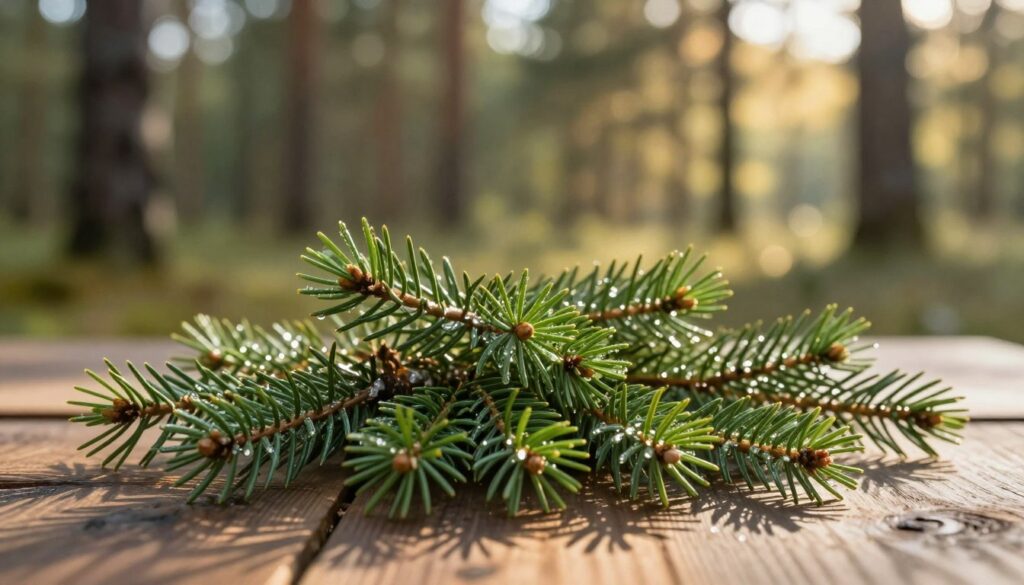Pine shoots delicately scattered across a rustic wooden table, showcasing their vibrant green hues and soft, needle-like structures. Each shoot glistens with morning dew, emphasizing their freshness and vitality. In the background, blurred silhouettes of a tranquil pine forest, bathed in soft golden sunlight filtering through the trees, create a serene atmosphere. The light casts gentle shadows, enhancing the natural textures of the pine shoots. A shallow depth of field focuses on the foreground, highlighting their intricate details. The overall mood is calm and earthy, inviting viewers to appreciate the health benefits of this traditional pine elixir. A soft bokeh effect in the background adds to the tranquil ambiance, making the scene feel inviting and pure. Pine shoots delicately scattered across a rustic wooden table, showcasing their vibrant green hues and soft, needle-like structures. Each shoot glistens with morning dew, emphasizing their freshness and vitality. In the background, blurred silhouettes of a tranquil pine forest, bathed in soft golden sunlight filtering through the trees, create a serene atmosphere. The light casts gentle shadows, enhancing the natural textures of the pine shoots. A shallow depth of field focuses on the foreground, highlighting their intricate details. The overall mood is calm and earthy, inviting viewers to appreciate the health benefits of this traditional pine elixir. A soft bokeh effect in the background adds to the tranquil ambiance, making the scene feel inviting and pure.