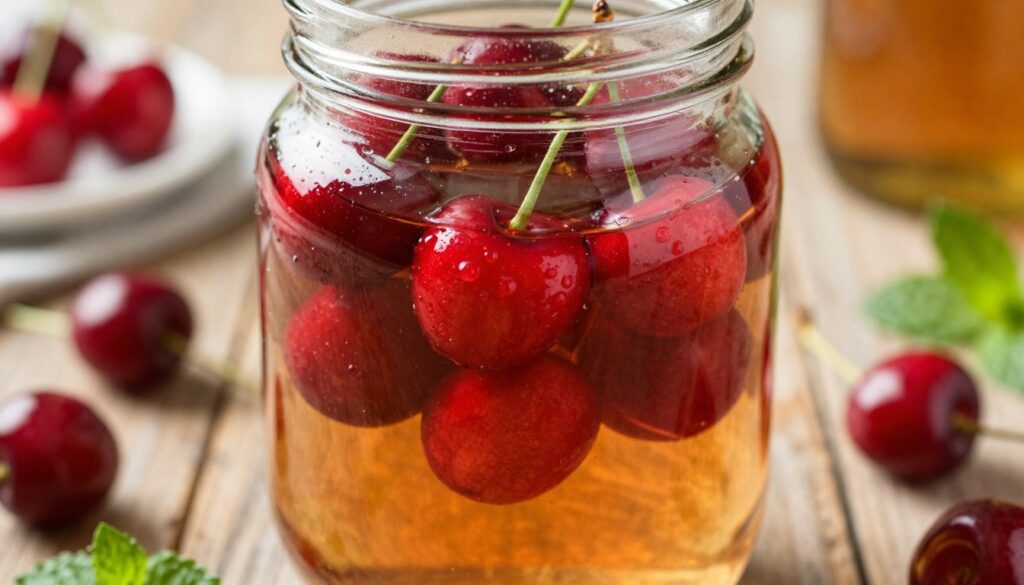 Vibrant, close-up view of the maceration process of cherries in a glass jar, showcasing clusters of fresh, ripe red cherries immersed in clear alcohol. The foreground features a few cherries, glistening with droplets of moisture, while in the background, the blurred outline of a rustic wooden kitchen table creates a cozy atmosphere. Soft, warm lighting highlights the rich colors of the cherries and the amber hue of the alcohol, evoking a sense of a sunny summer day. A few mint leaves can be seen nearby, adding a touch of green. The scene is captured at a slight angle to emphasize the jar's contents and create depth. The overall mood is inviting and artisanal, perfect for illustrating the process of infusing fruit flavors. Vibrant, close-up view of the maceration process of cherries in a glass jar, showcasing clusters of fresh, ripe red cherries immersed in clear alcohol. The foreground features a few cherries, glistening with droplets of moisture, while in the background, the blurred outline of a rustic wooden kitchen table creates a cozy atmosphere. Soft, warm lighting highlights the rich colors of the cherries and the amber hue of the alcohol, evoking a sense of a sunny summer day. A few mint leaves can be seen nearby, adding a touch of green. The scene is captured at a slight angle to emphasize the jar's contents and create depth. The overall mood is inviting and artisanal, perfect for illustrating the process of infusing fruit flavors.